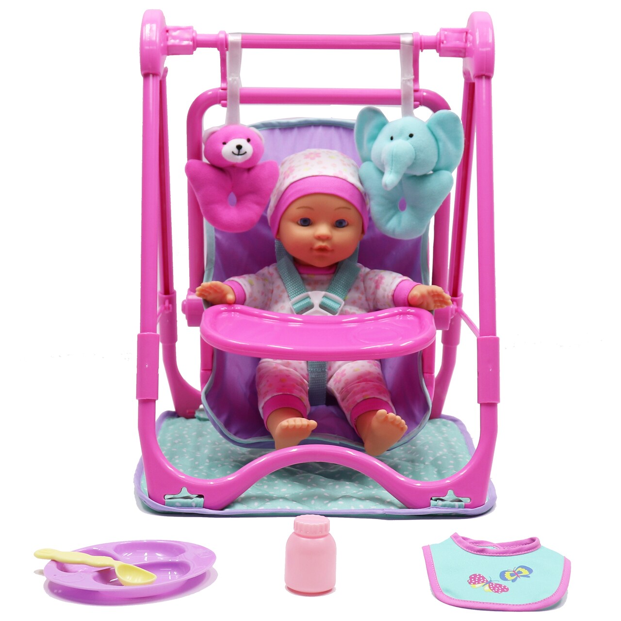 Dream Collection: Baby Doll 4-In-1 High Chair Play Set - Pink & Teal - 12" Doll, Hand-Held Carrier, Feeding Accessories, Realistic Play, Kids Ages 2+